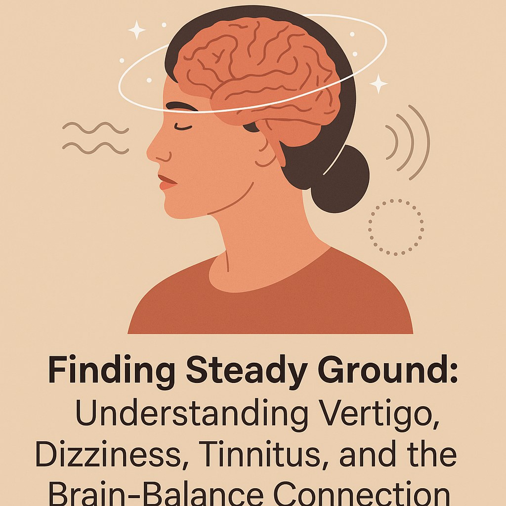 Illustration of a woman with brain overlay and swirling lines, symbolizing vertigo, tinnitus, and balance issues.